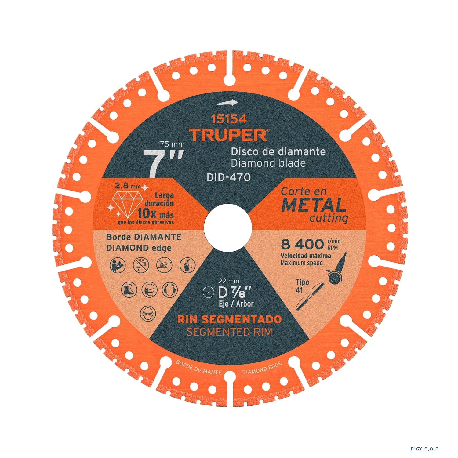 Disco de diamante de 7" x 2.8 mm, corte  de metal, TRUPER 15154