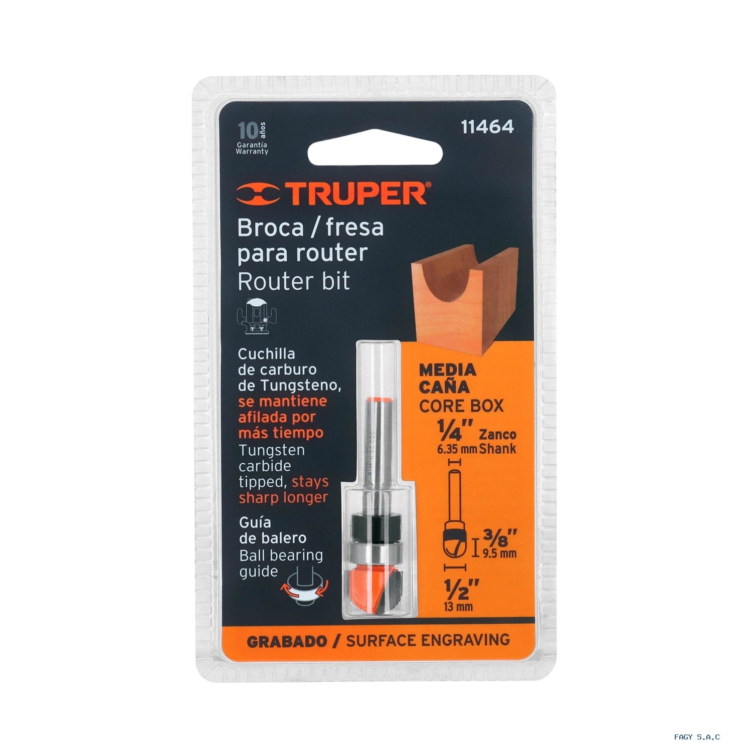 Broca para router, media caña, 1/2" con balero, Truper 11464