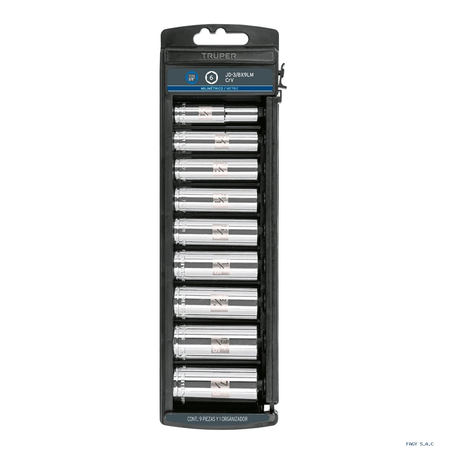 Juego de 9 dados largos cuadro 3/8" mm, Trupe 14173