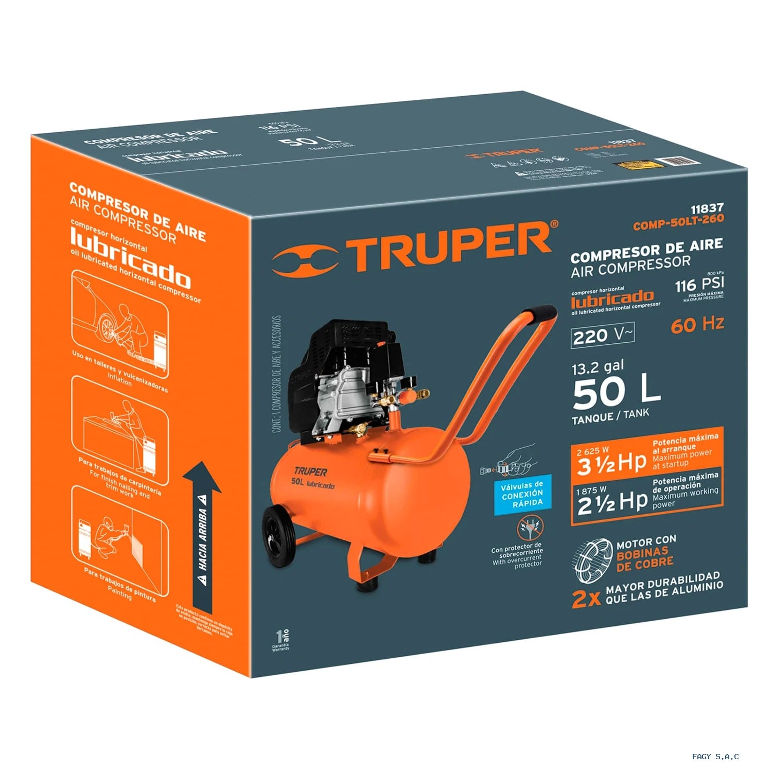 Compresor lubricado de aire, 50 L, 220 V/60 Hz 11837