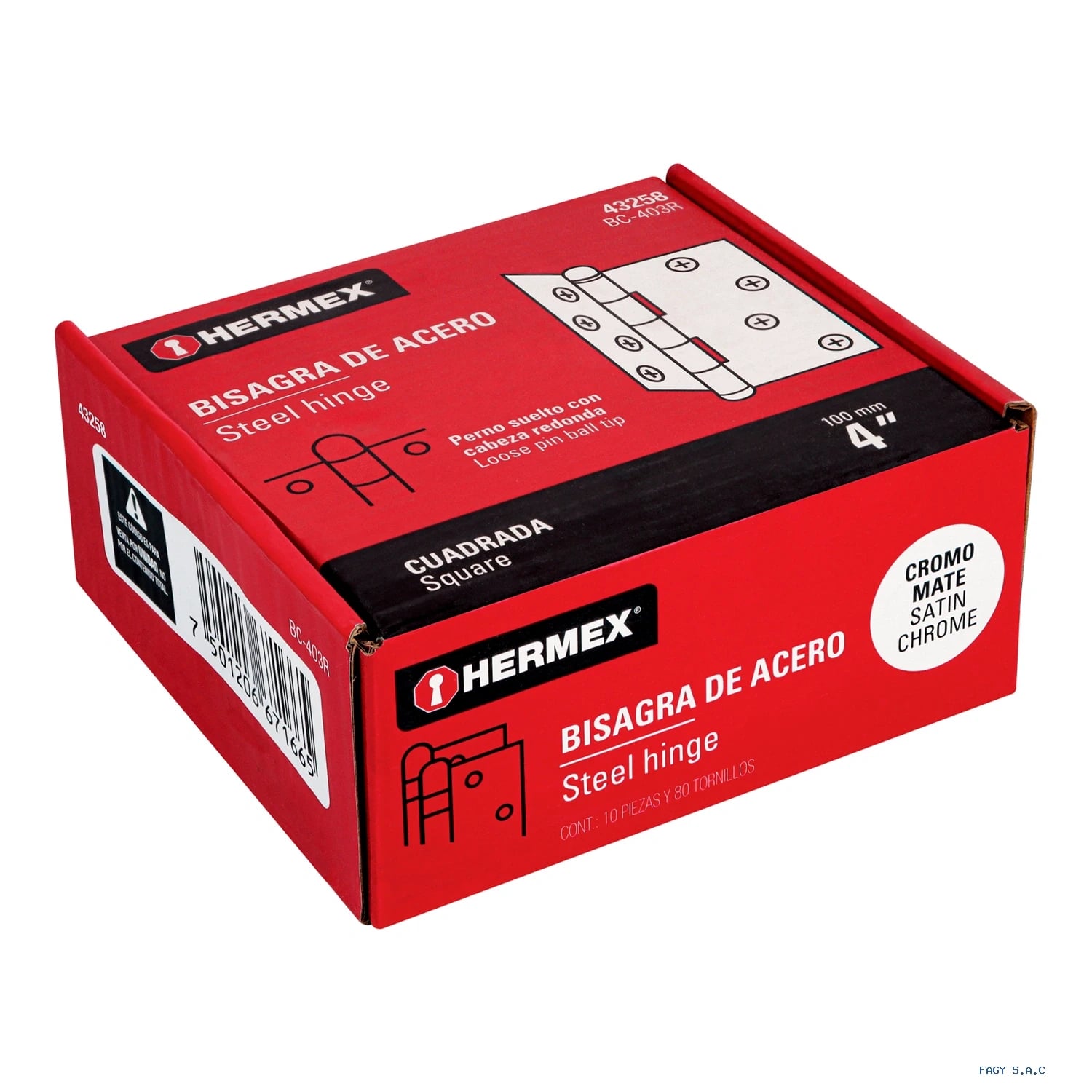 Bisagra cuadrada 4", satinado, cabeza redonda, HERMEX 43258