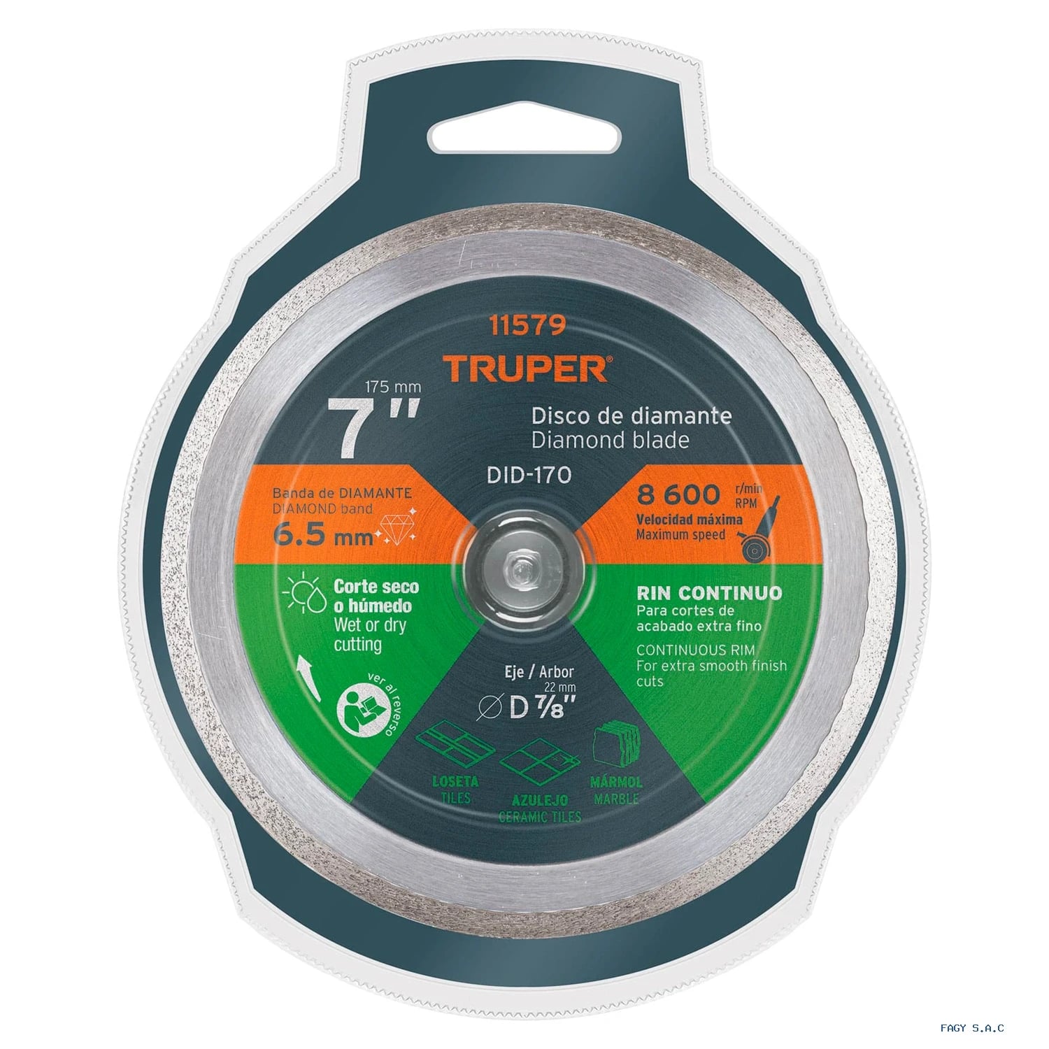 Disco de diamante de 7" x 2.2 mm, rin  continuo, TRUPER 11579 DID-170