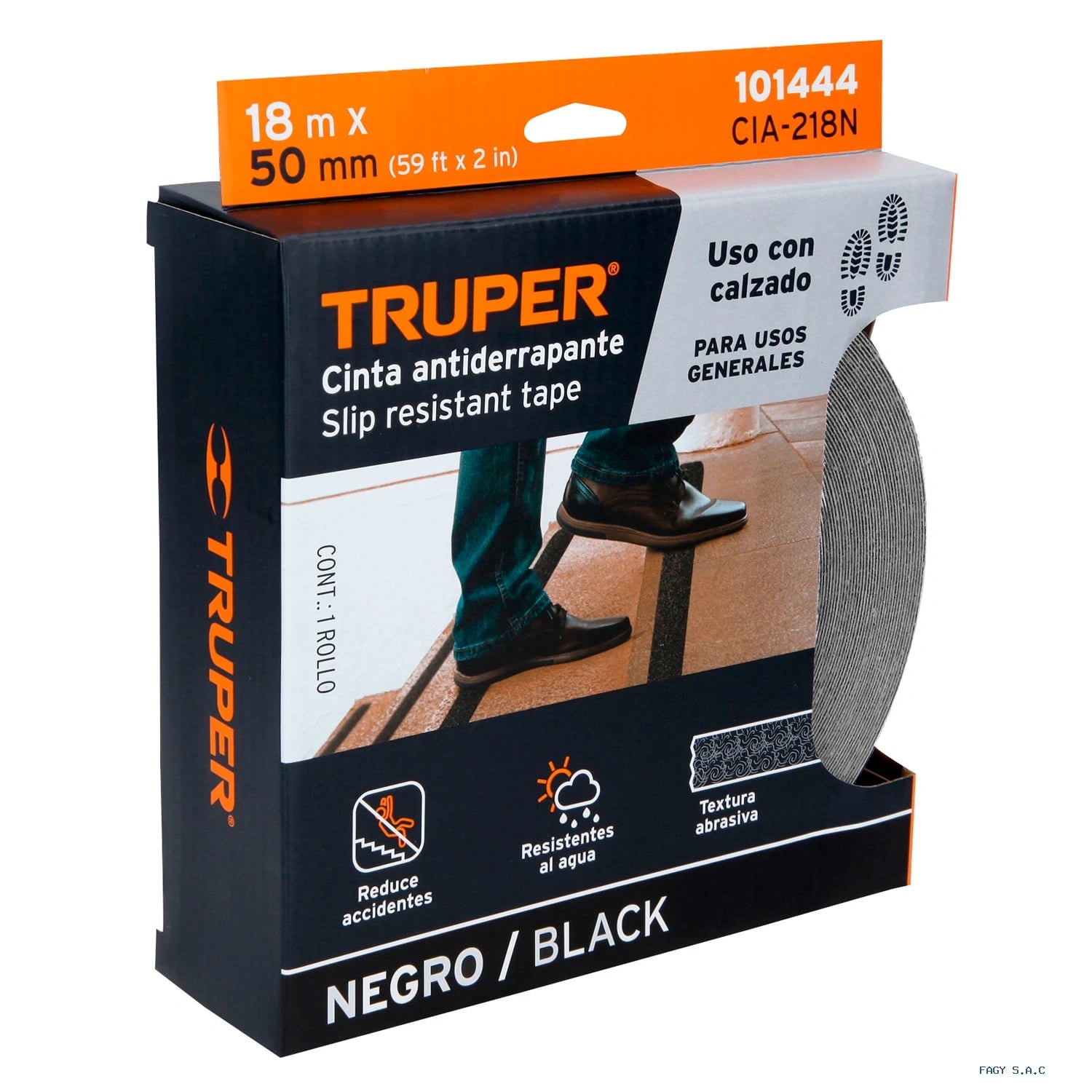 Rollo de 18m de cinta antiderrapante negra 50mm con abrasivo 101444