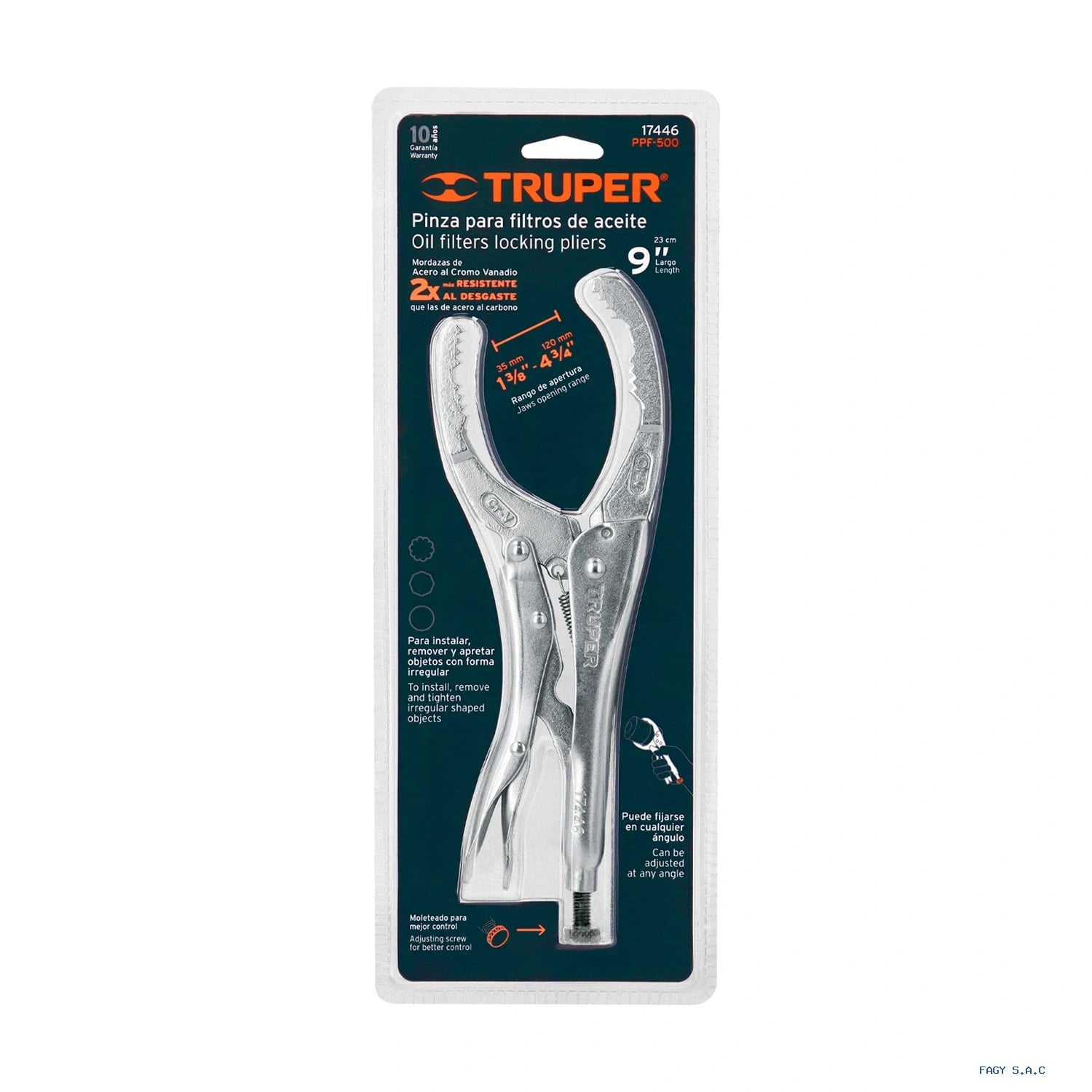 Alicate pinza de presión 9" para filtros de aceite, Truper 17446