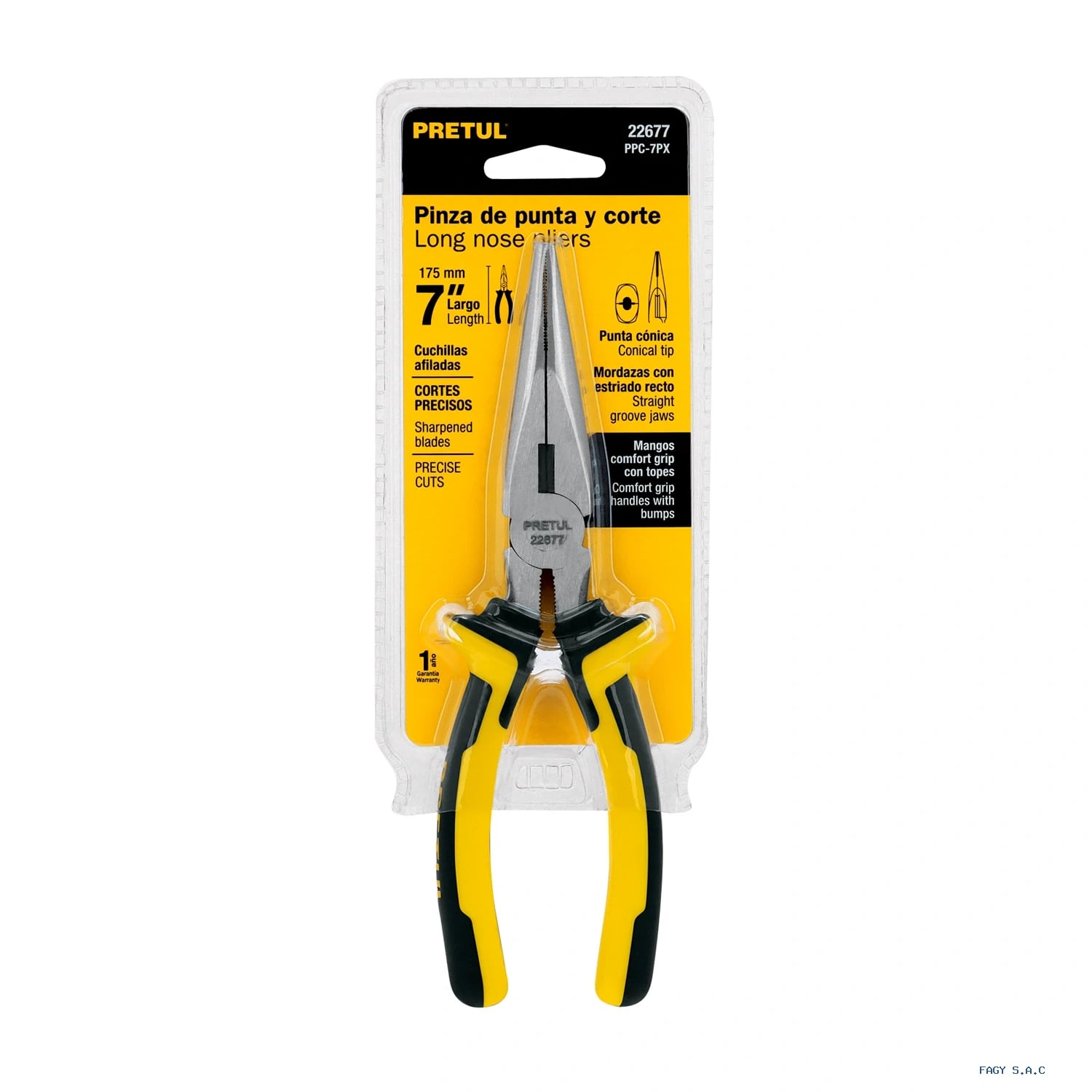Alicate pinza de punta y corte 7" mango Comfort Grip, Pretul 22677