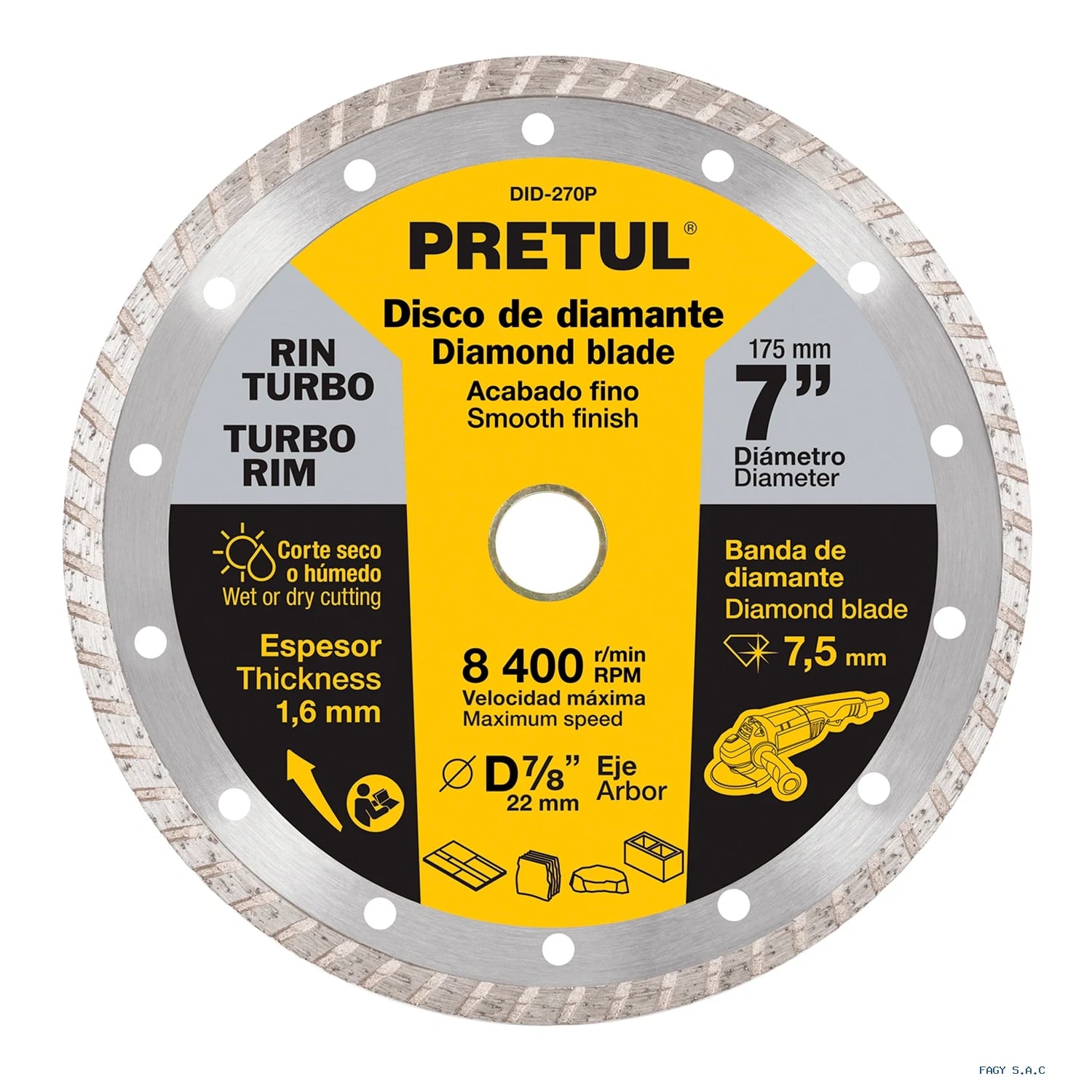 Disco de diamante de 7" x 1.6 mm, rin turbo, PRETUL 27018 DID-270P