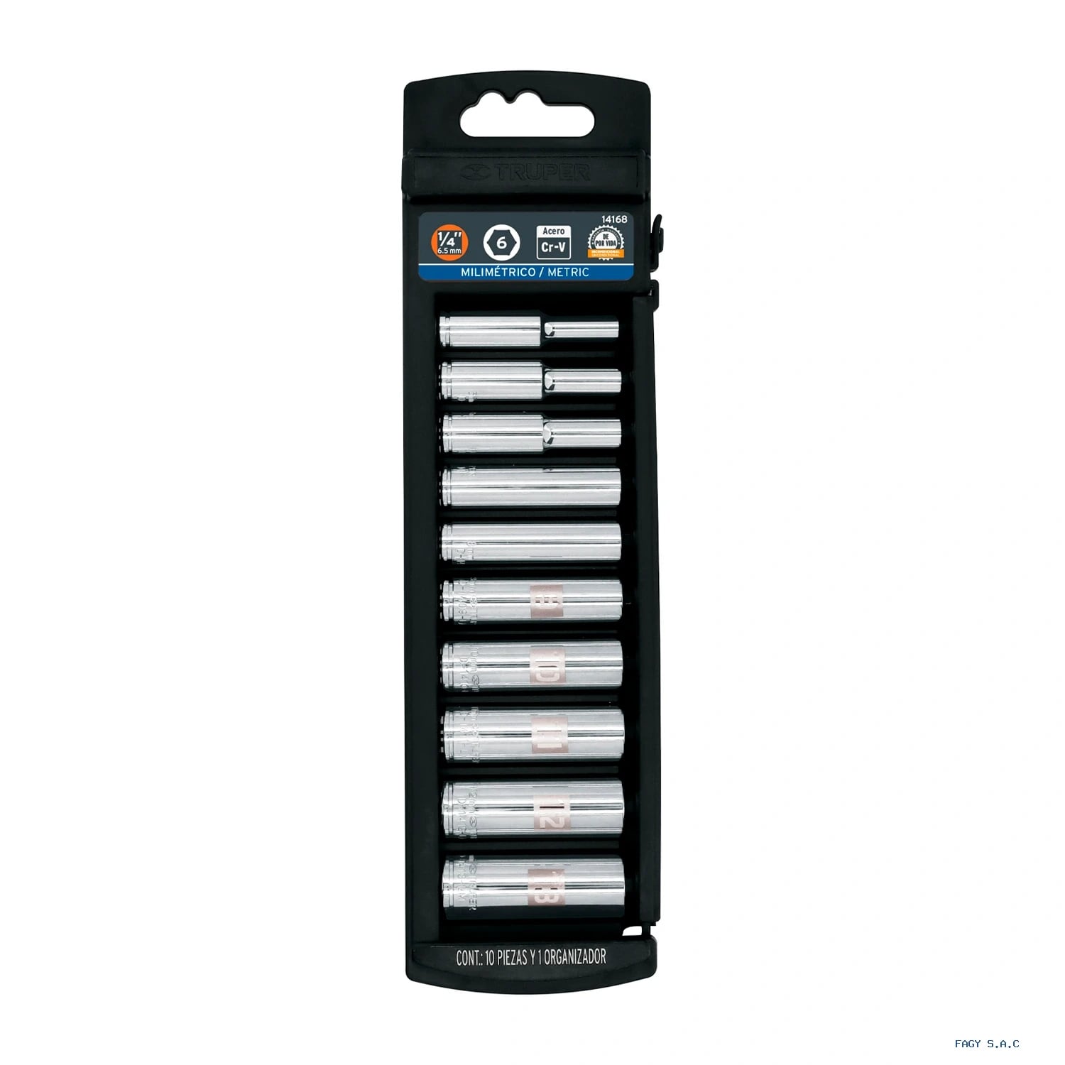 Juego de 10 dados largos cuadro 1/4" mm, Truper 14168
