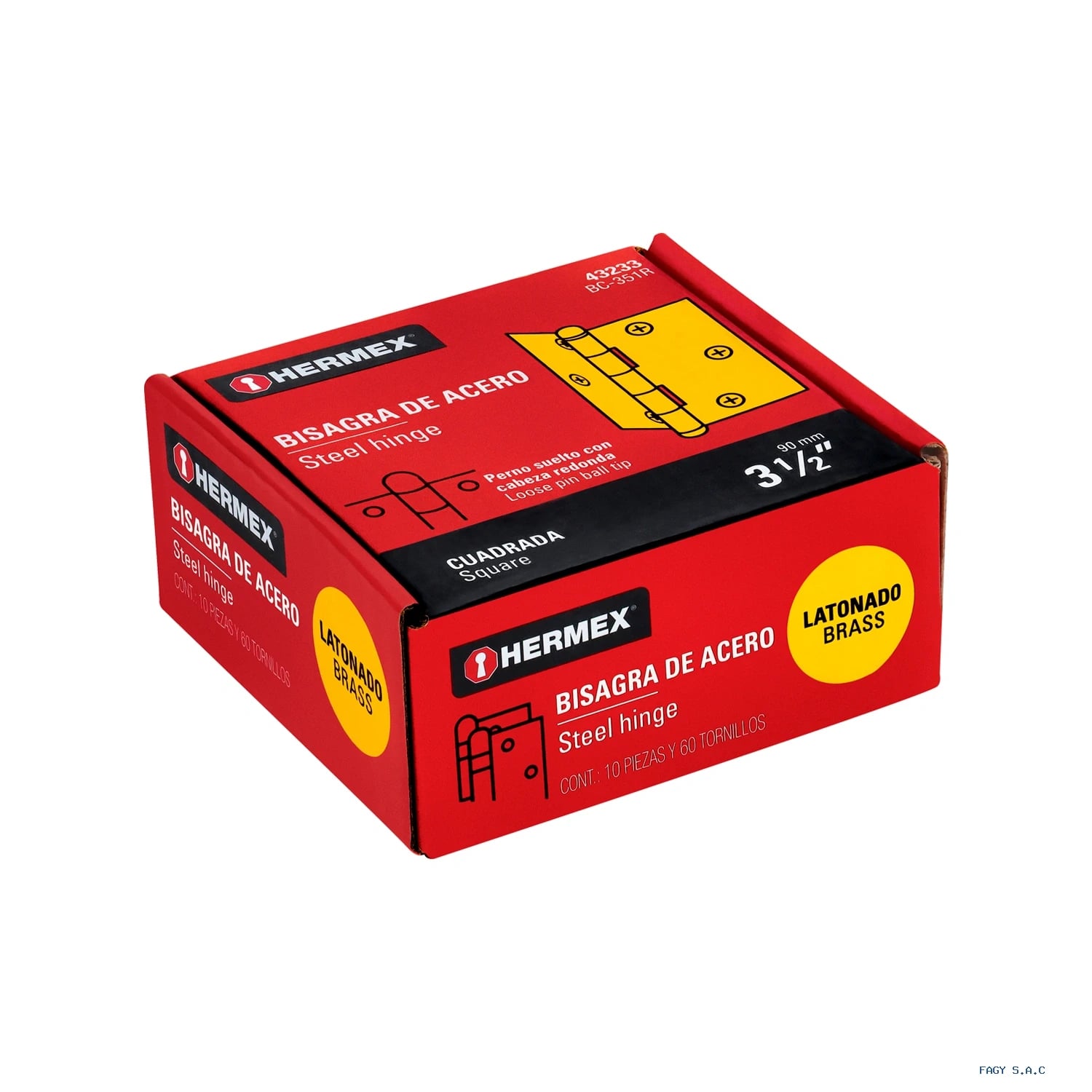 Bisagra cuadrada 3-1/2", latonado, cabeza redonda, HERMEX 43233