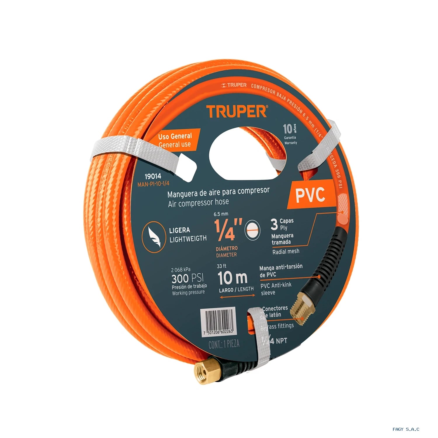 Manguera para compresor, de PVC, 10m x 1/4", Truper 19014