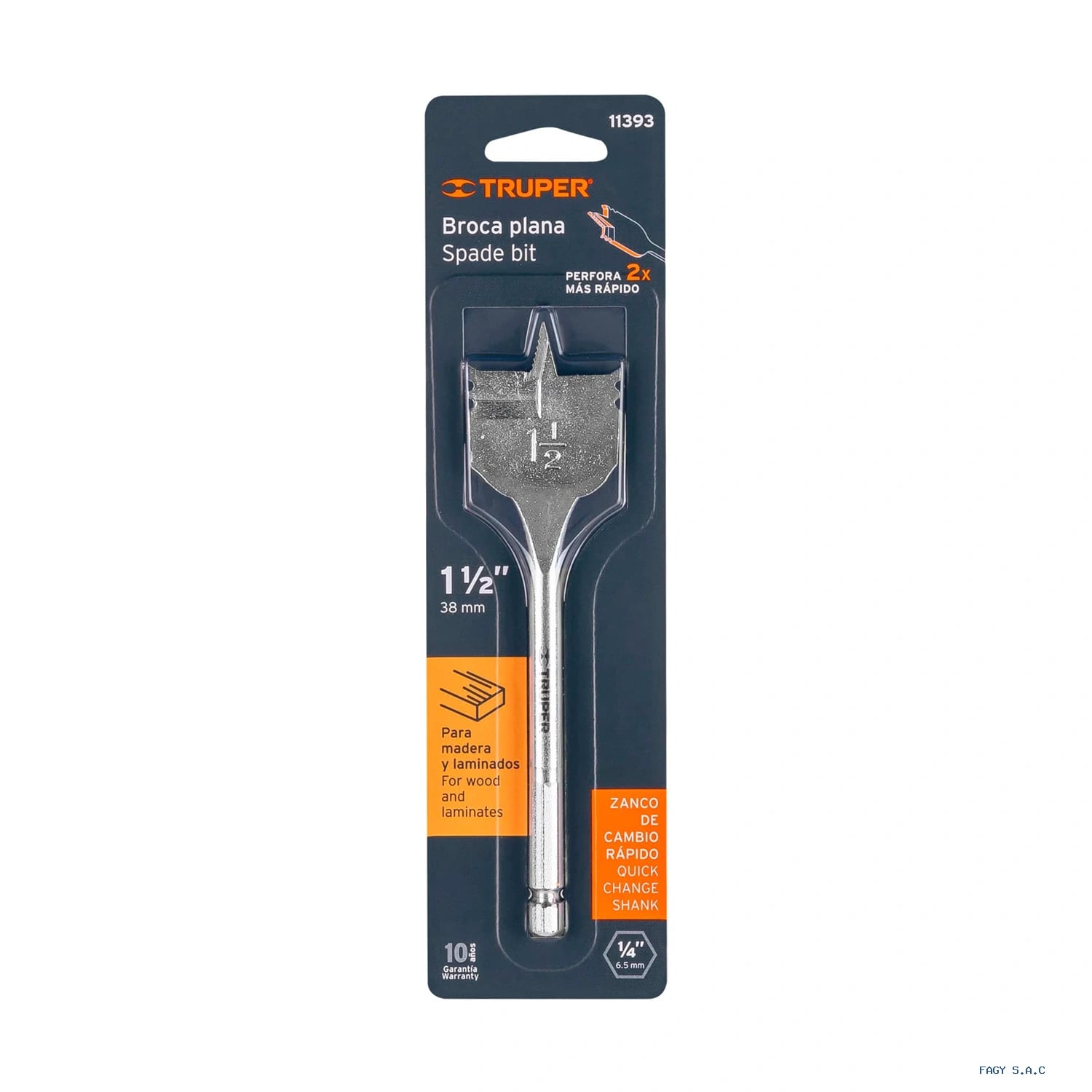 Broca plana de manita 1-1/2" para madera, Truper 11393