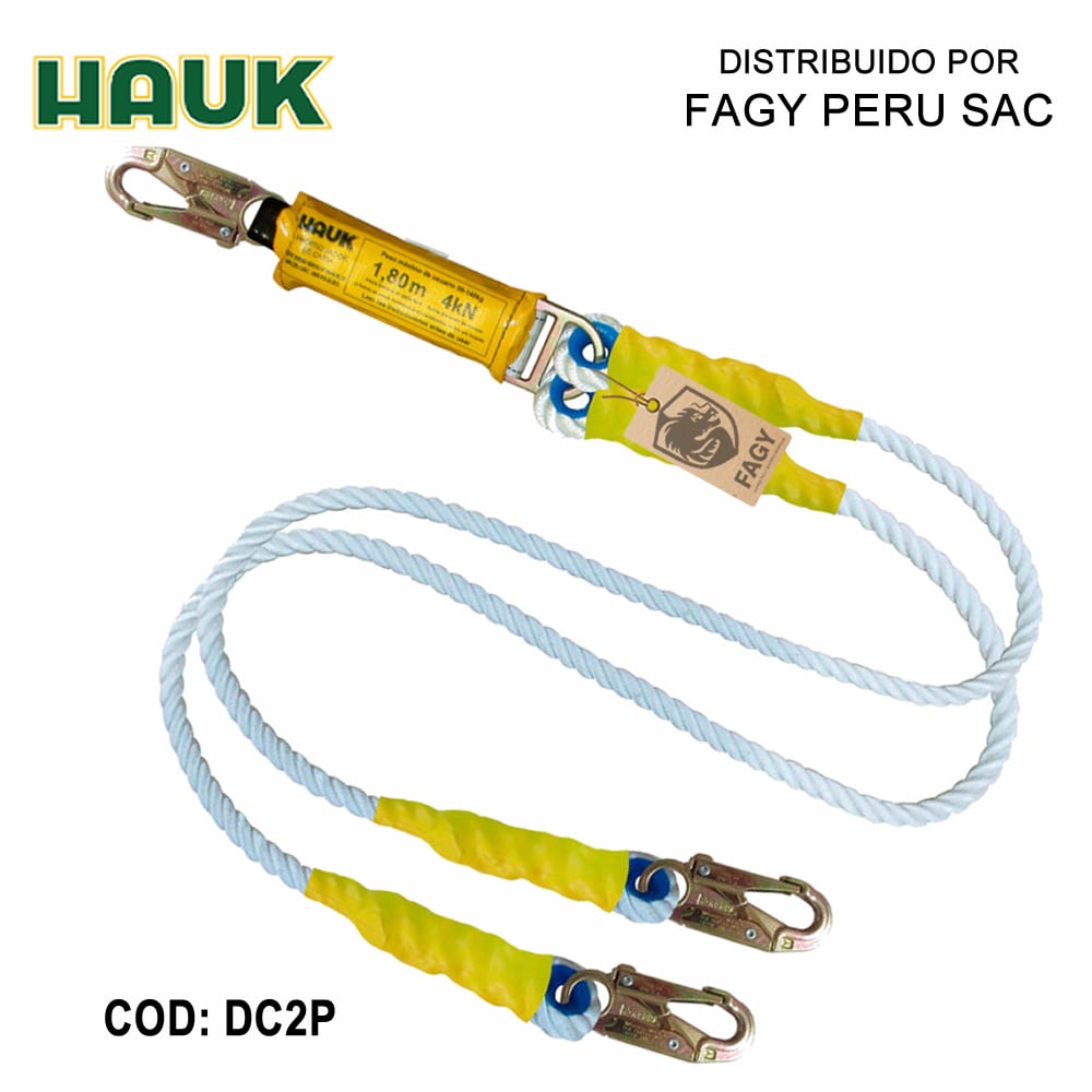 Línea conexión doble 1.8m cabo poliamida 5/8″ amortiguador 3 ganchos 3/4″ HAUK DC2P - HAUK