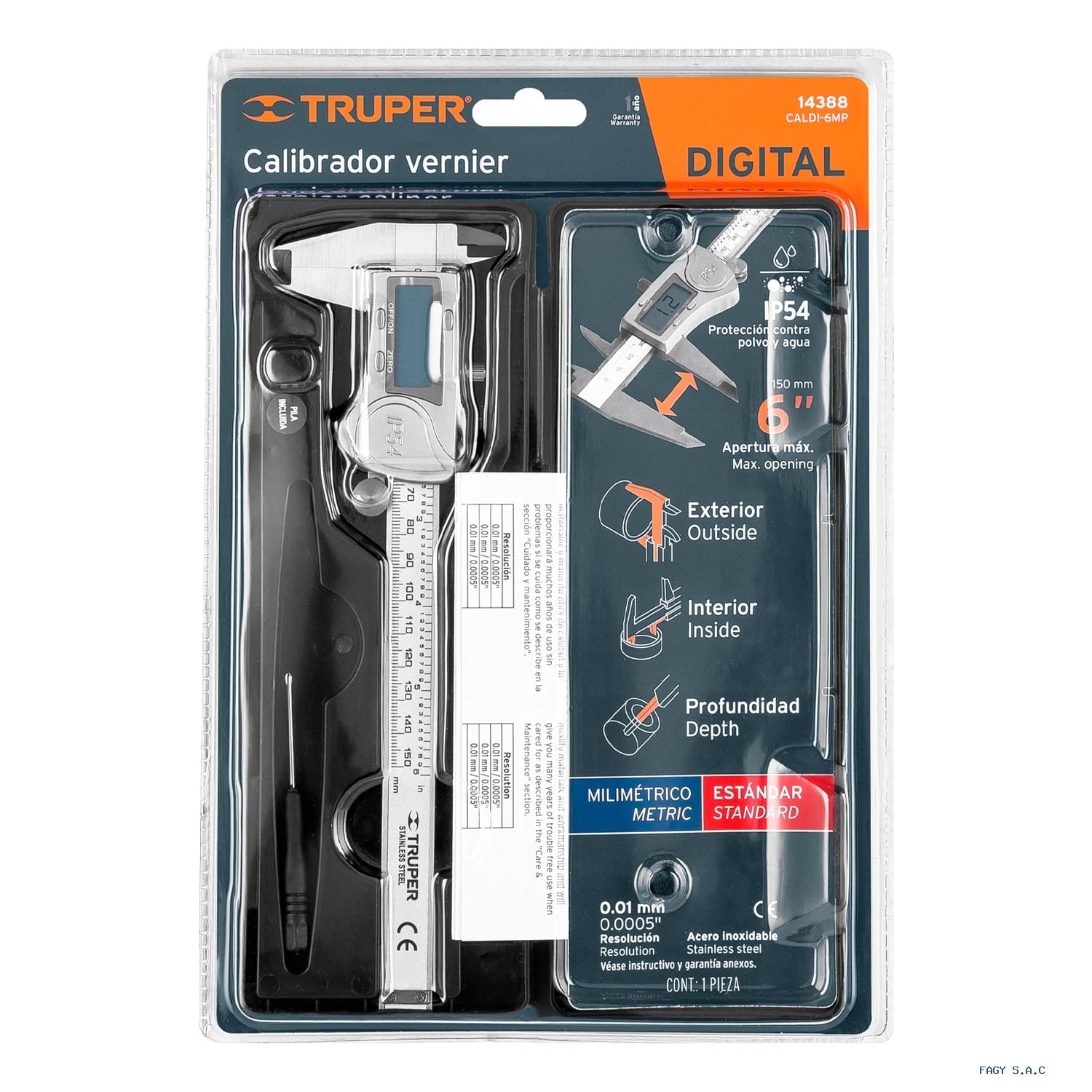 Calibrador vernier digital 6", acero inox, std y mm, TRUPER 14388