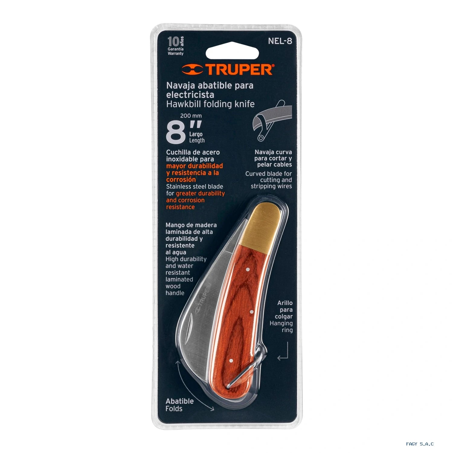 Cuchillo abatible 8″ para electricista mango madera Truper 18539