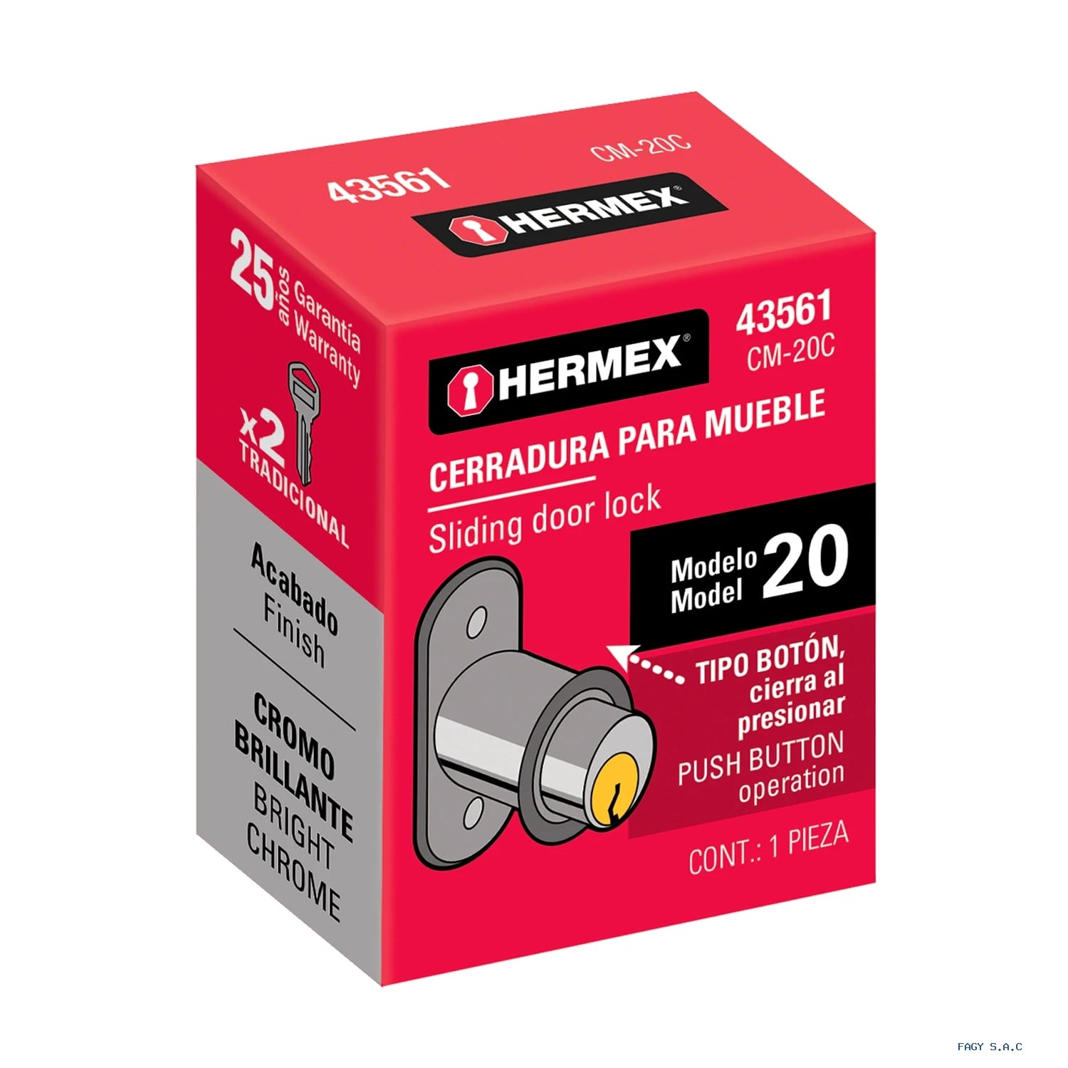 Cerradura para mueble, modelo 20, cromo, HERMEX 43561