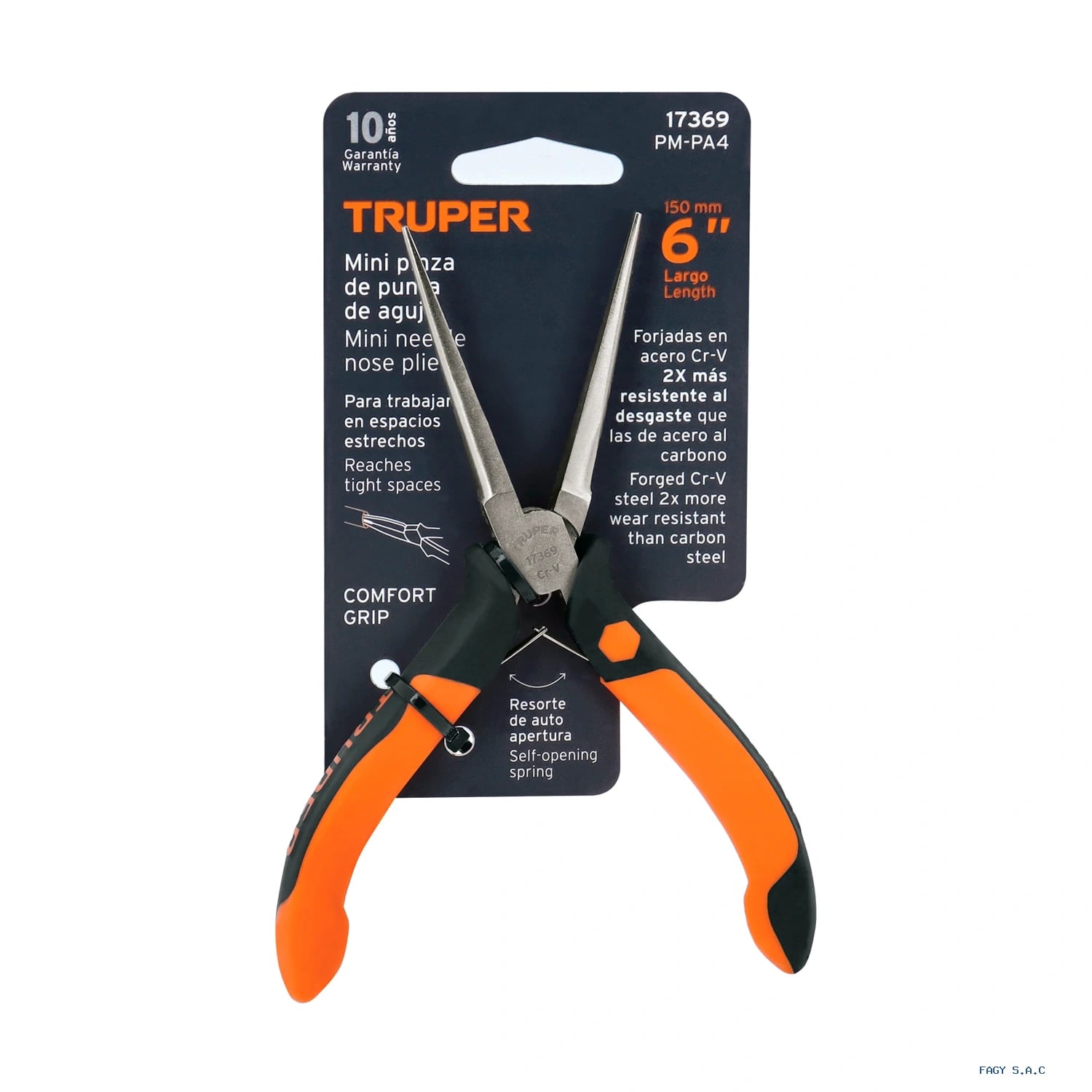 Mini alicate pinza de punta de aguja 6" mango Comfort Grip, Truper 17369