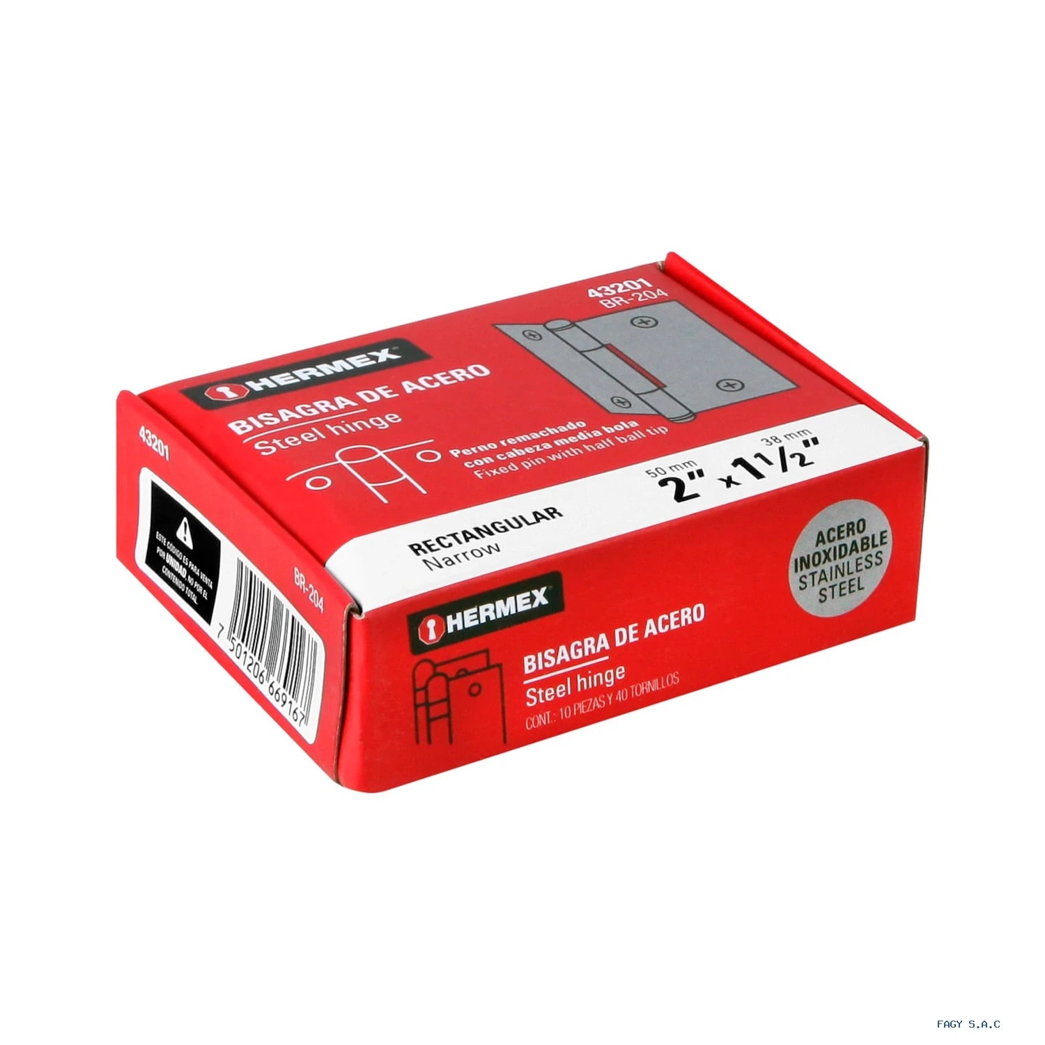 Bisagra rectangular acero inoxidable, HERMEX 43201