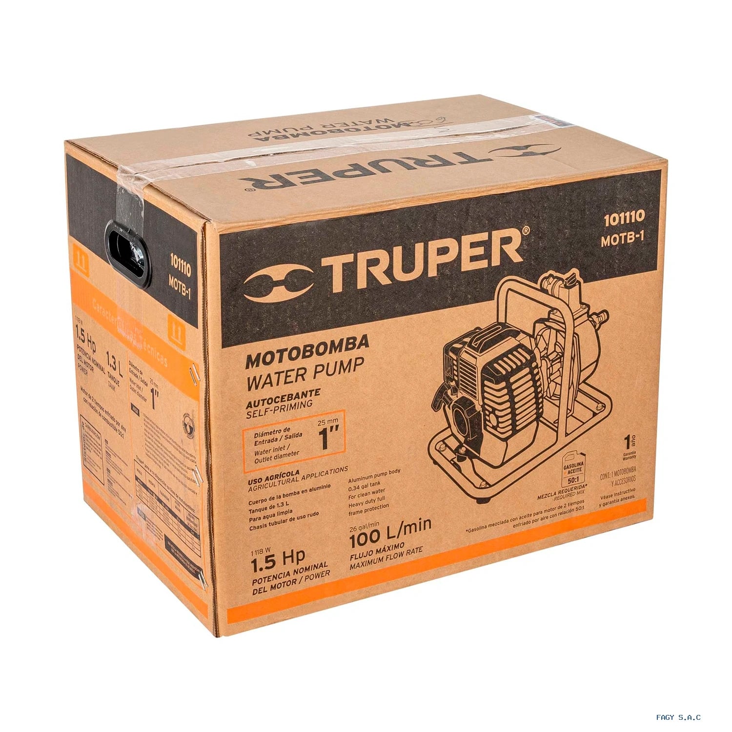 Motobomba autocebante 1"x1", gas. 1-1/2HP, agrícola, TRUPER 101110
