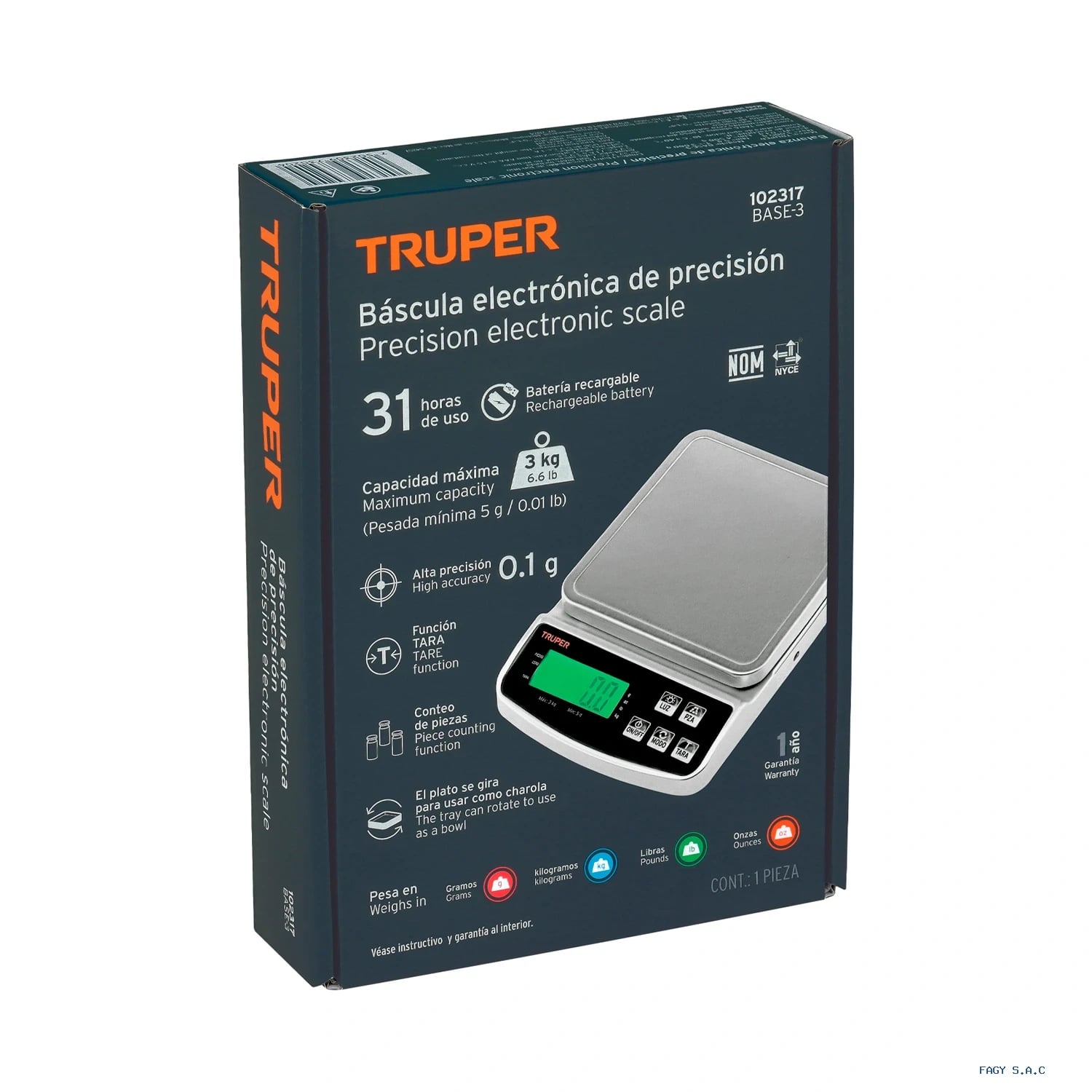 Báscula electrónica de precisión, recargable, 3 kg, Truper 102317
