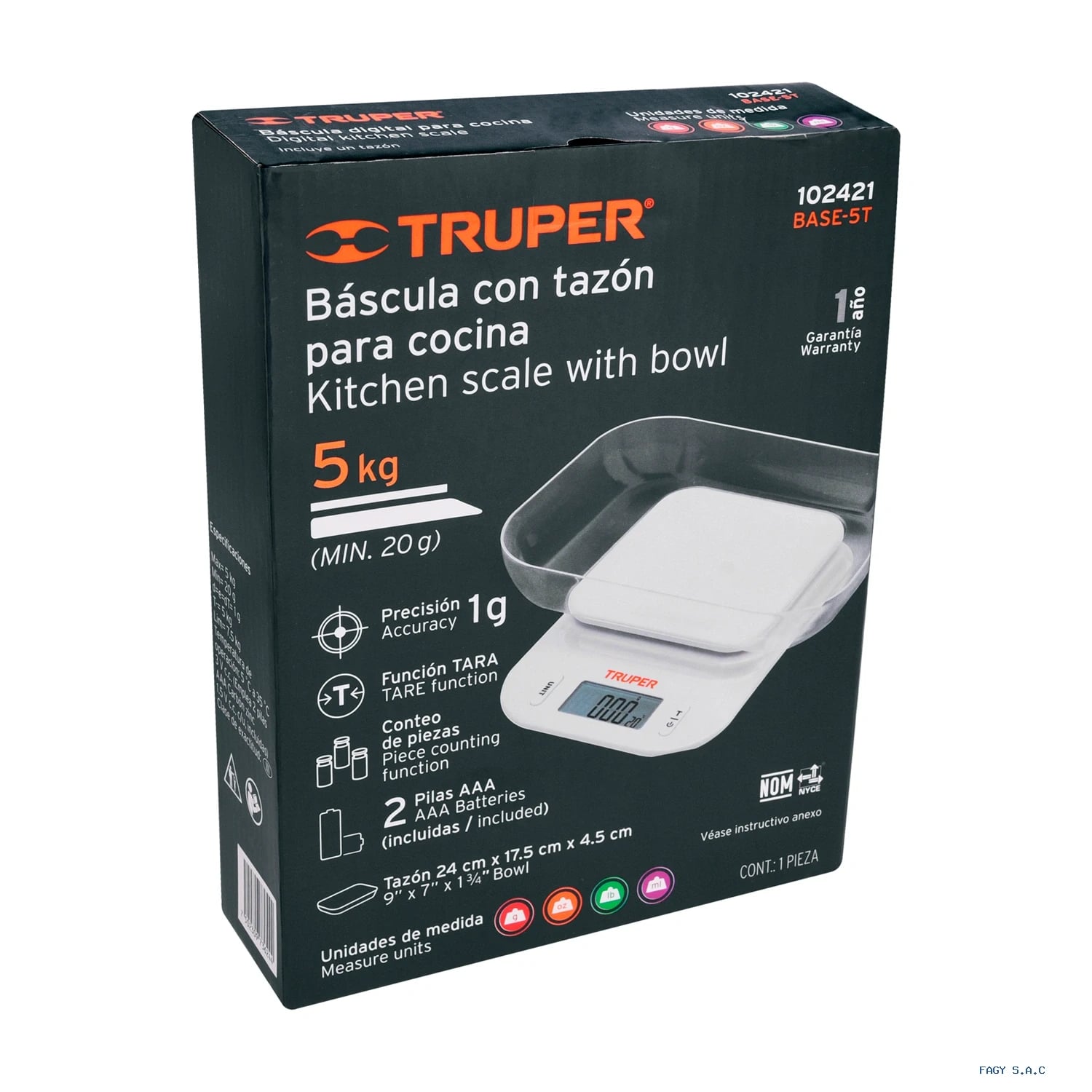 Báscula digital para cocina con tazón 5 kg Truper 102421