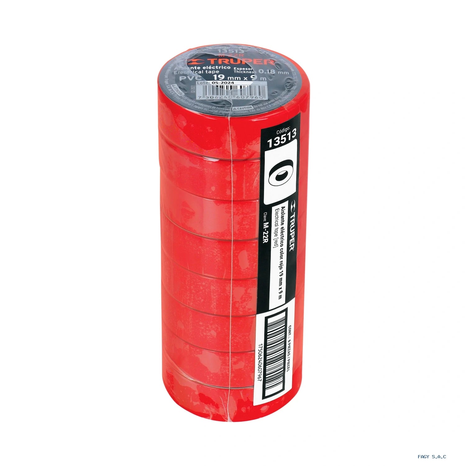Cinta de aislar de 9 m x 19 mm roja Truper 13513