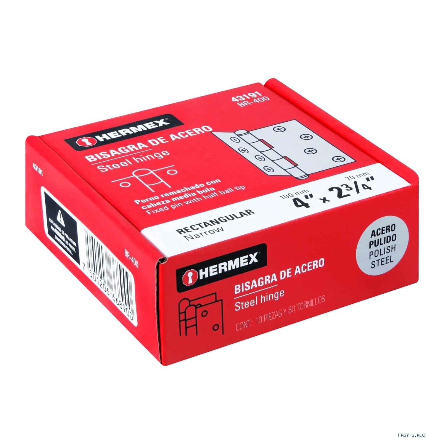 Bisagra rectangular 4" acero pulido, HERMEX 43191