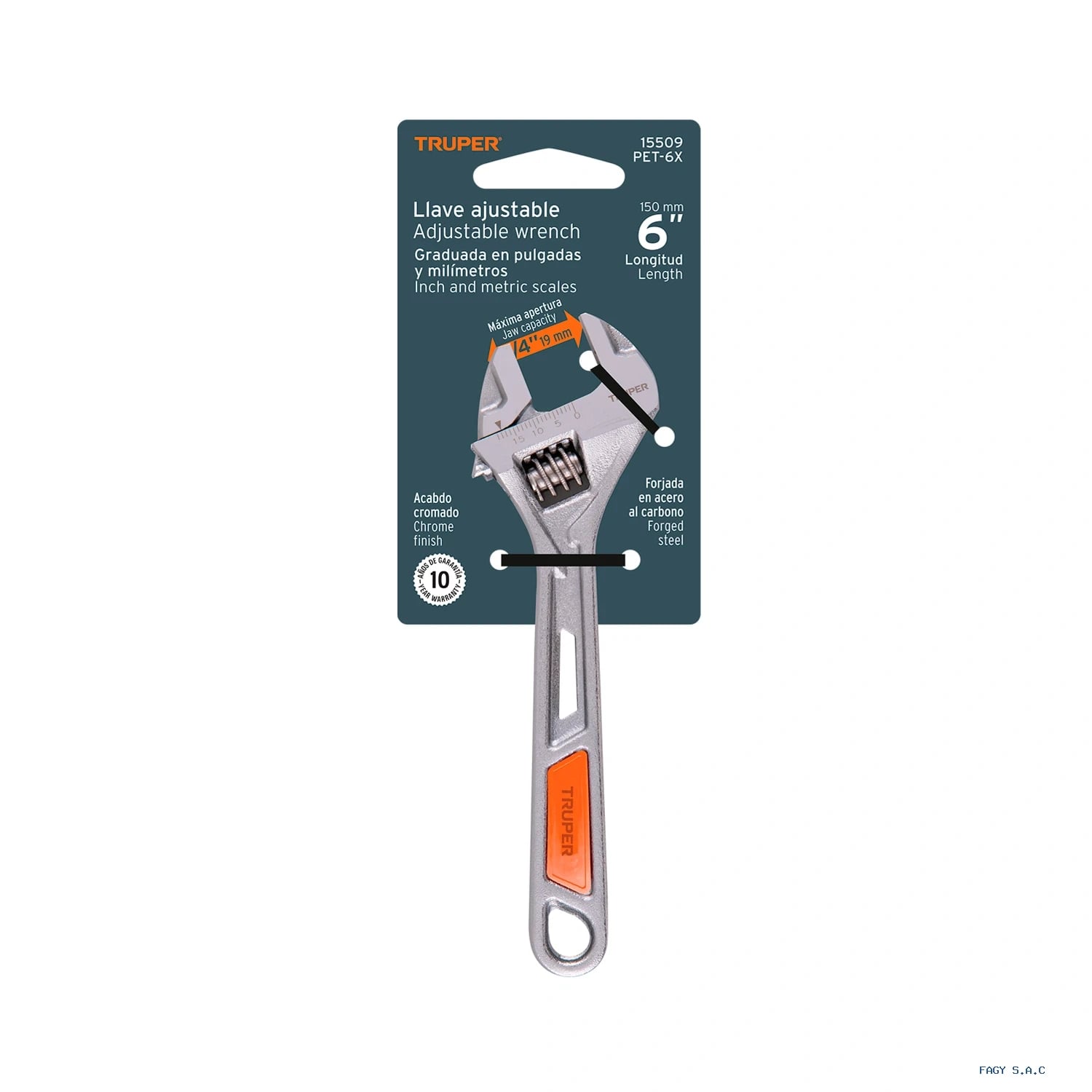 Llave ajustable (perico) 6" cromada, TRUPER PET-6X 15509
