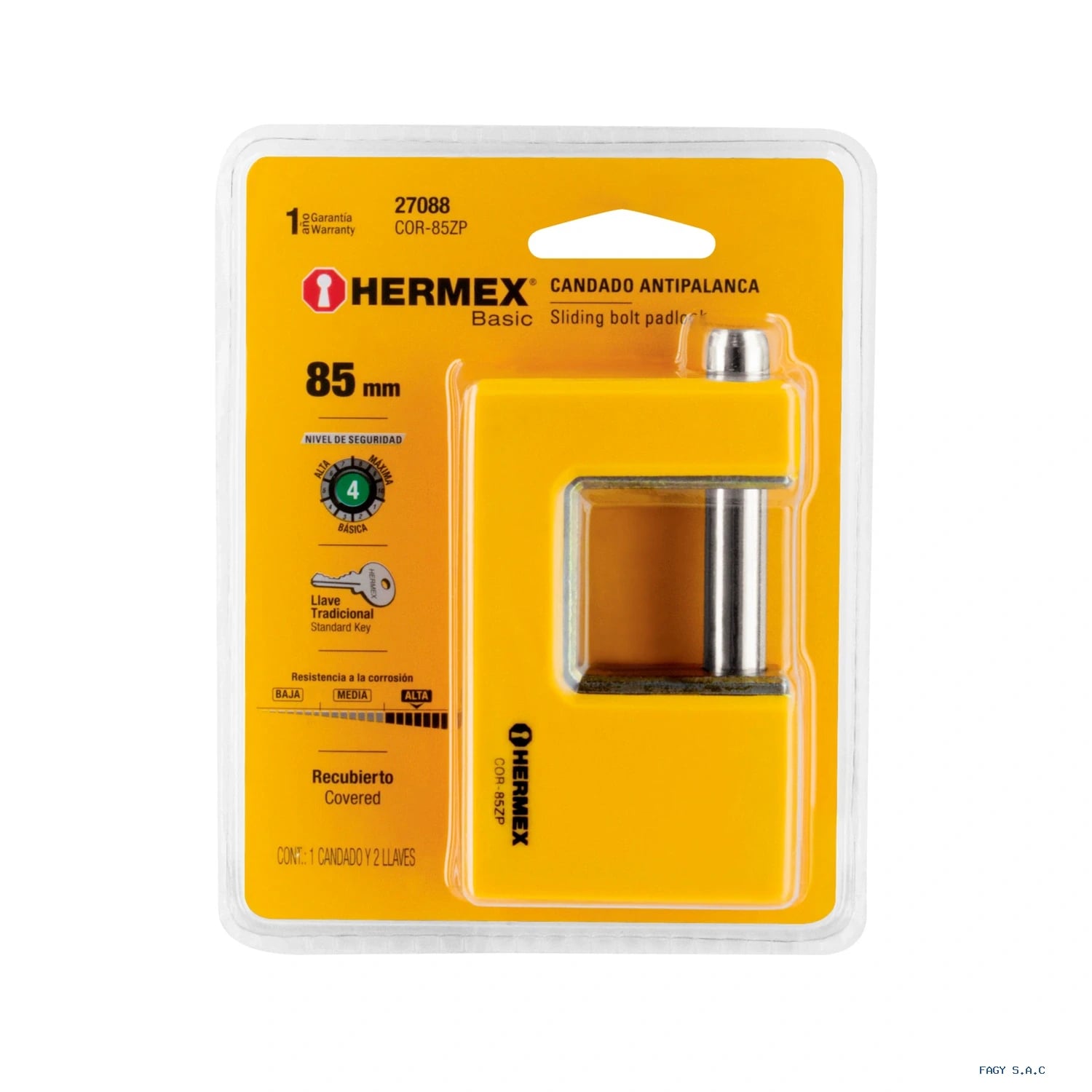 Candado antipalanca 85 mm cuerpo metálico, HERMEX BASIC 27088