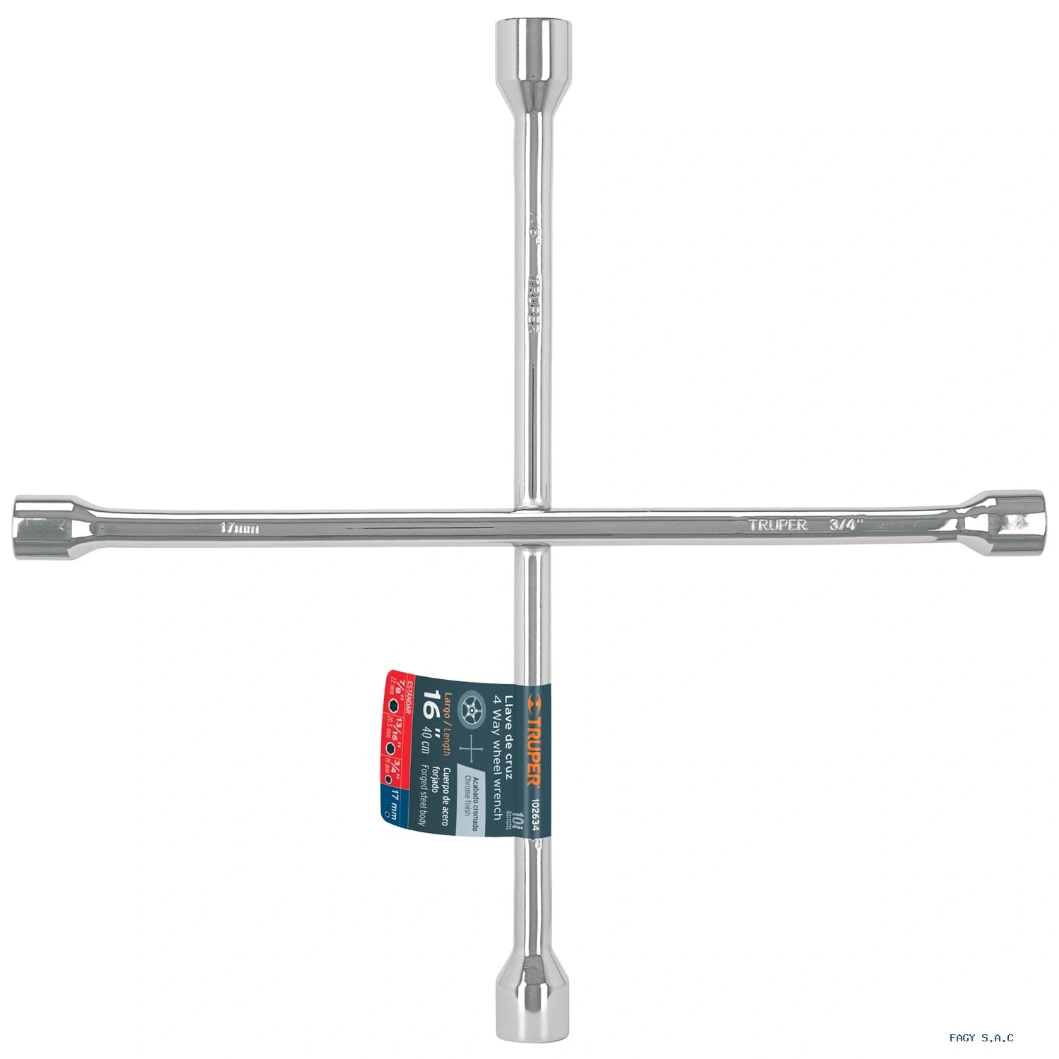 Llave de cruz 16" pulida y cromada, TRUPER 102634