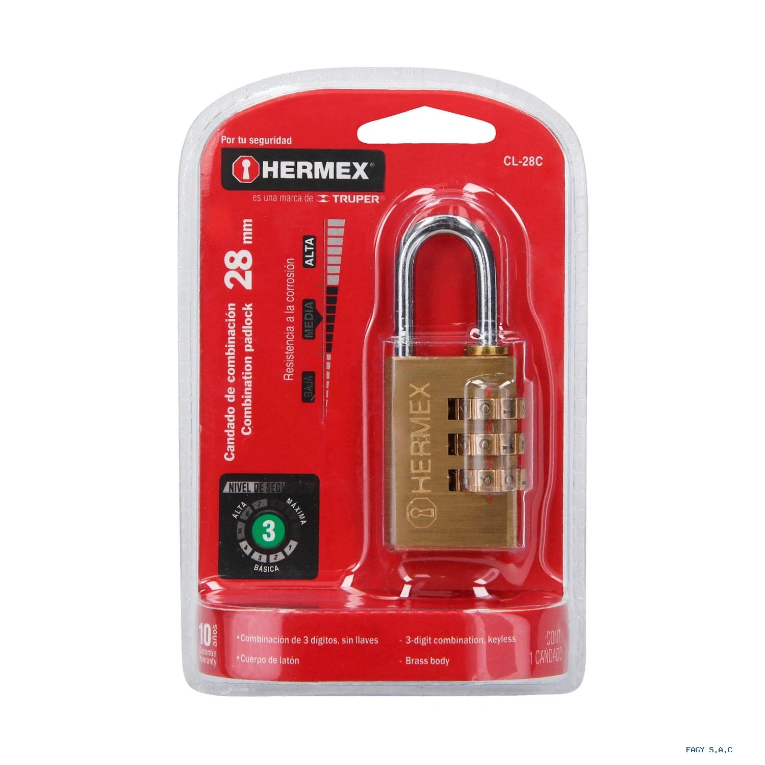 Candado de combinación 28 mm cuerpo de latón en blíster 43347