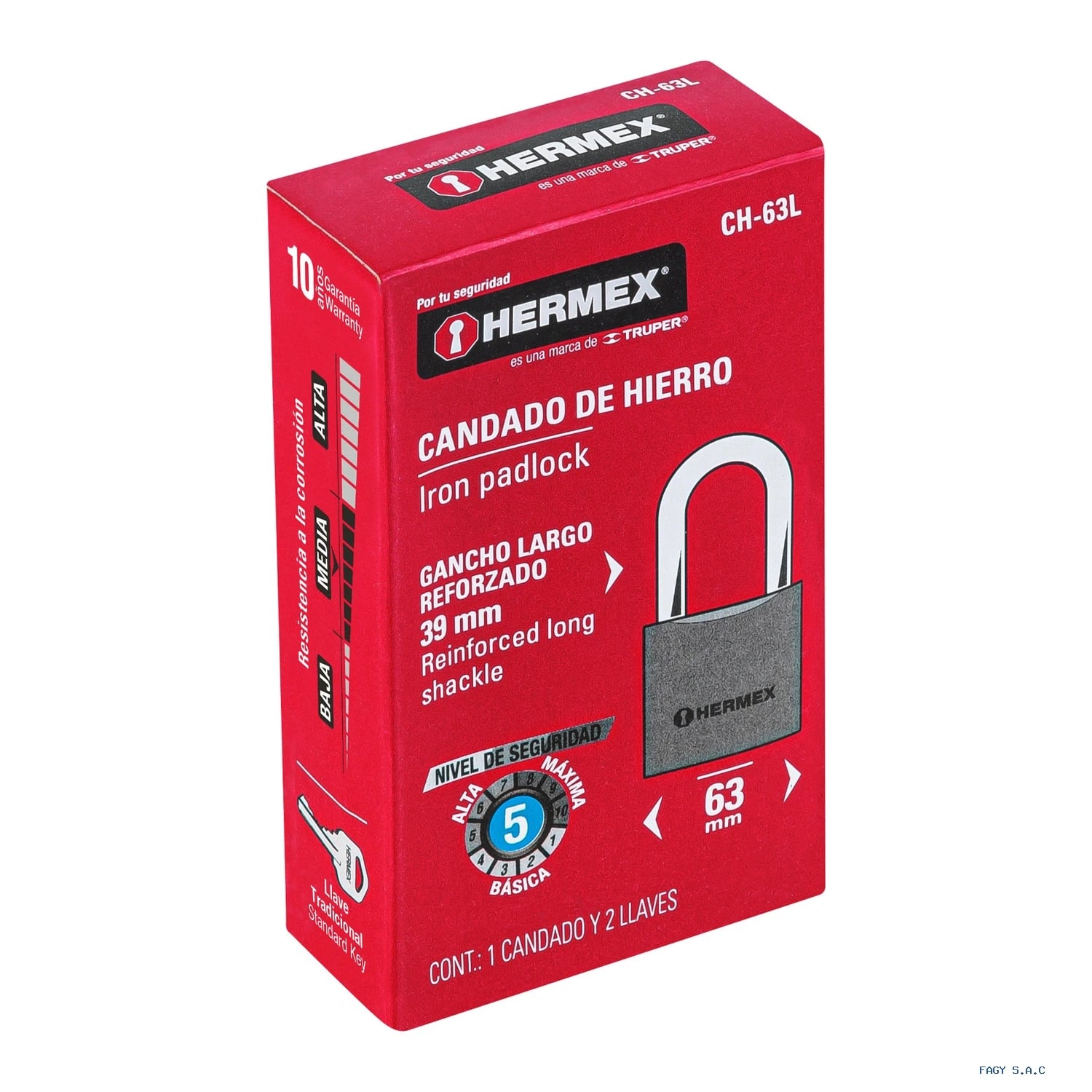 Candado de hierro 63 mm gancho largo en caja, HERMEX 43802